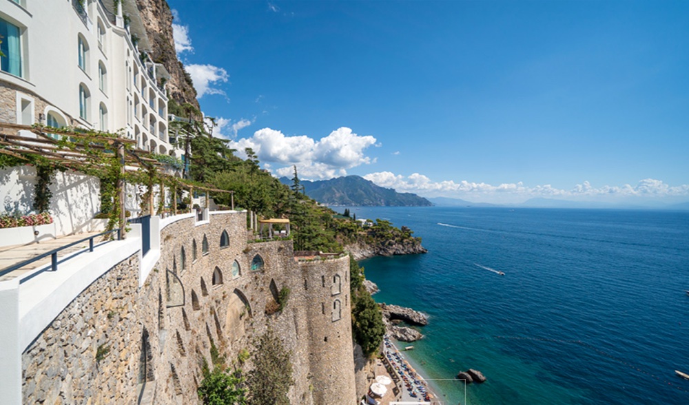 Borgo Santandrea built into the cliff above the sea on the Amalfi Coast