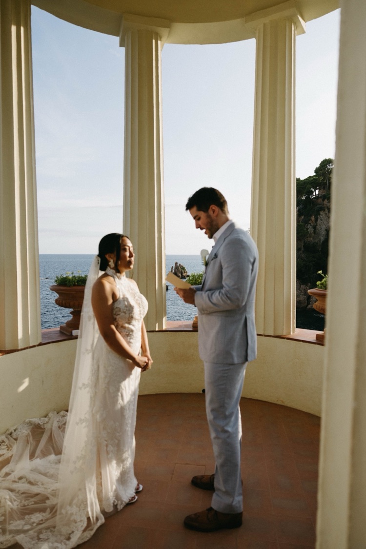A couple exchanging vows inside the Linnaeus Temple at Marimurtra Botanic Gardens, Blanes, Costa Brava
