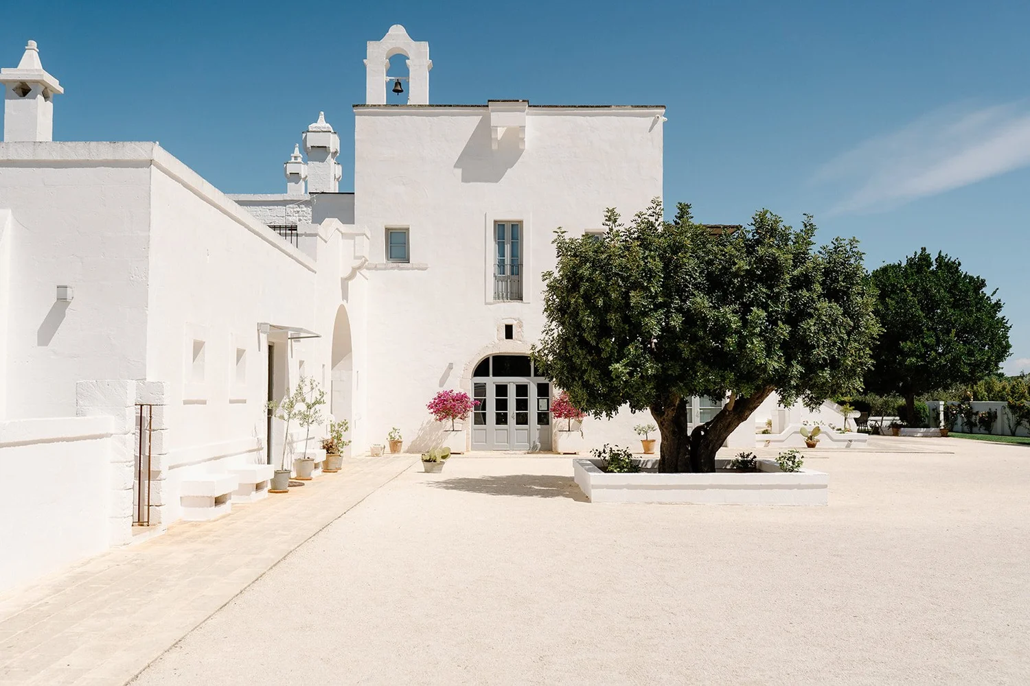 The whitewashed courtyard of Masseria Le Torri among olive trees, an Apulia elopement venue
