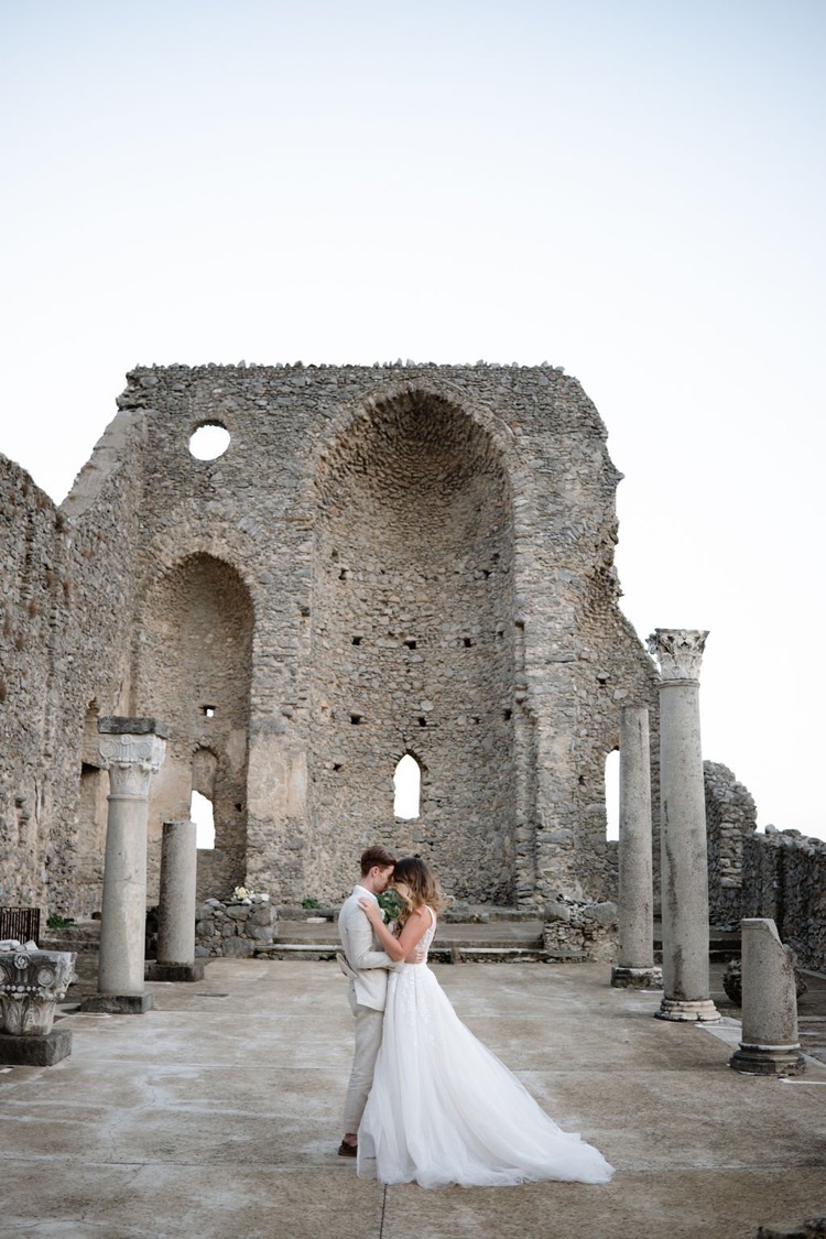 Vows among the ruins of a medieval basilica — already designed elopement, Amalfi Coast, Italy